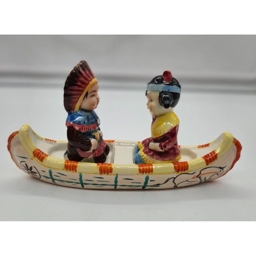 Vintage Japan Ceramic Salt and Pepper Shakers Indigenous Figures in Canoe Set